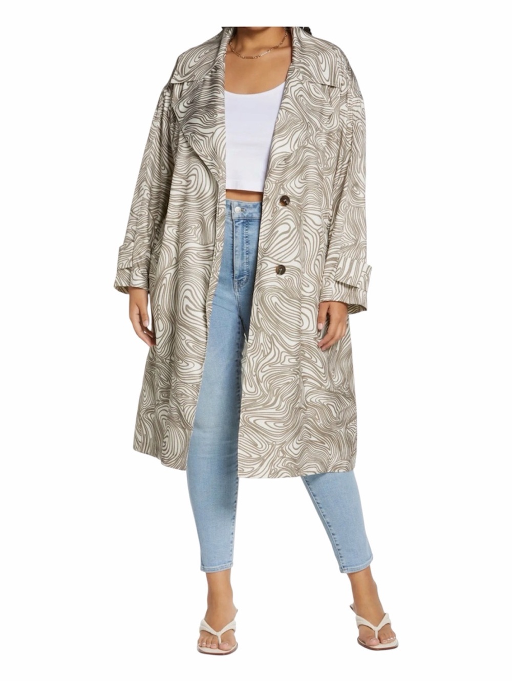 NWT Open Edit Statement Duster Trench Coat Neutral Swirl Print MEDIUM